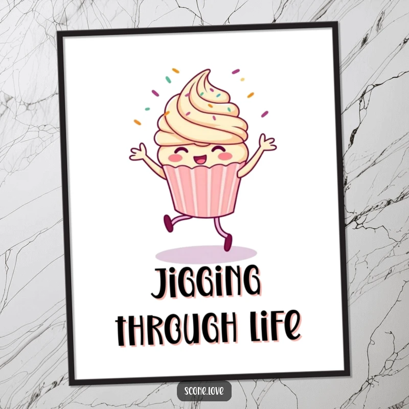 Funny poster art of a cupcake enthusiastically doing a jig, with a dynamic burst of sprinkles filling the composition, showcasing pure delight.