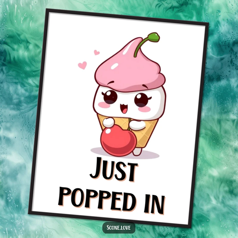 Funny Scone Surprise Poster: A scone character looks shocked as a cherry pops playfully, creating a humorous and eye-catching wall art.