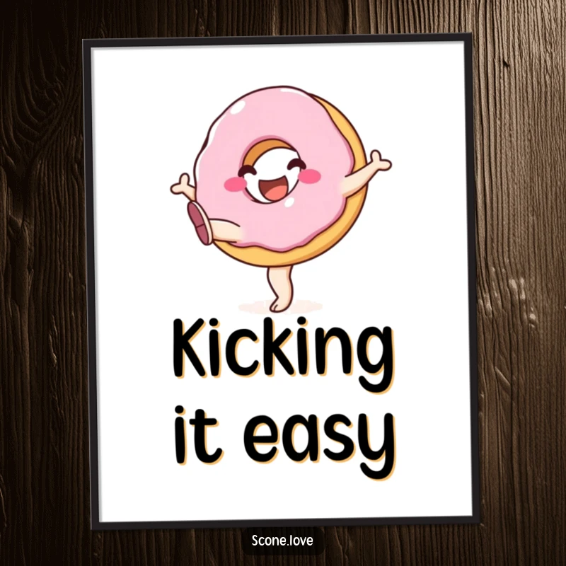 Funny poster art of a joyful donut with its legs dynamically kicked in the air, capturing a moment of pure, uninhibited delight.