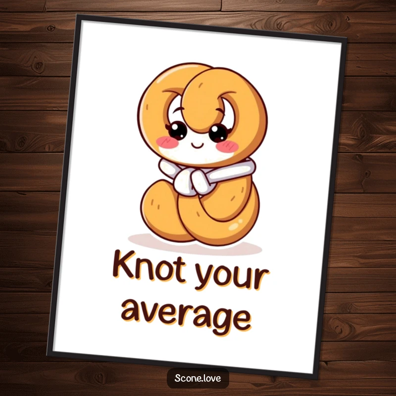 Funny poster art of a smiling pretzel concentrating on tying its own intricate knot, perfect for adding quirky charm to any room.