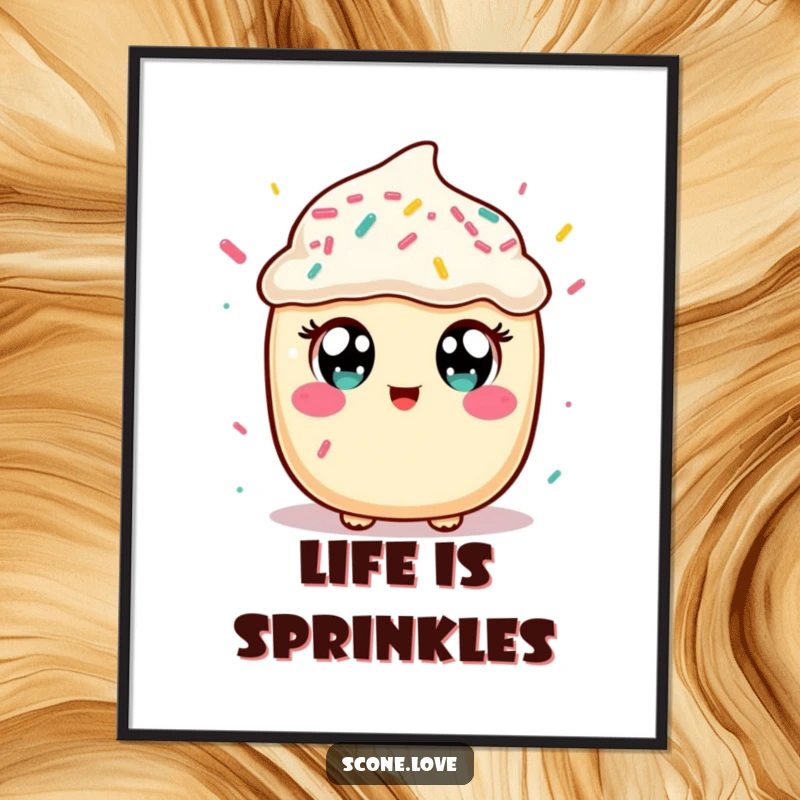 Funny poster featuring a kawaii scone character with wide, eager eyes, catching a cascade of colorful sprinkles, whimsical baked goods art.