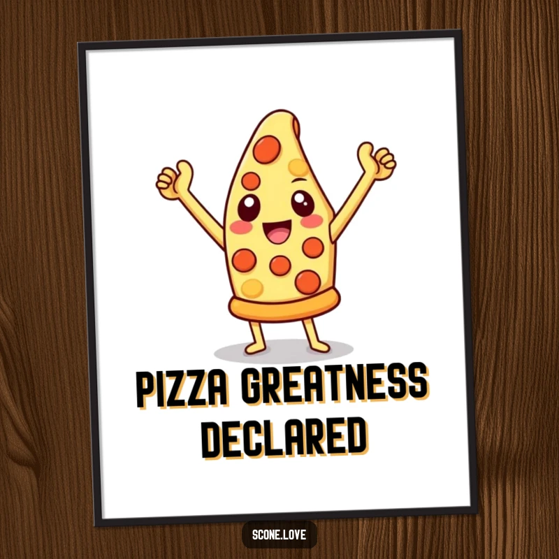 Funny pizza poster depicting a cheesy slice in a victorious pose, ideal wall art for kitchens and dining areas.