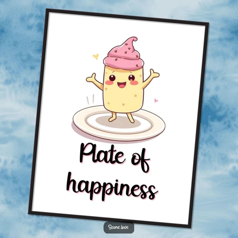 Funny poster featuring a kawaii scone character doing an exuberant happy dance on a giant plate, a delightful piece of baking-themed art.