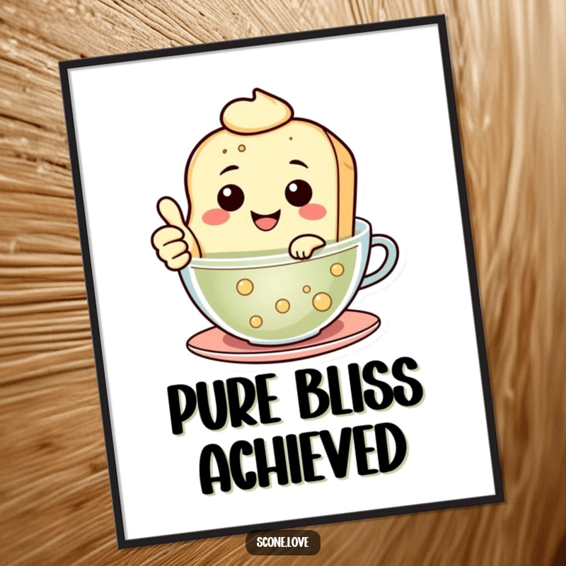 Funny Floating Scone Poster shows a smiling scone giving a thumbs up while floating in tea, exuding humorous happiness.