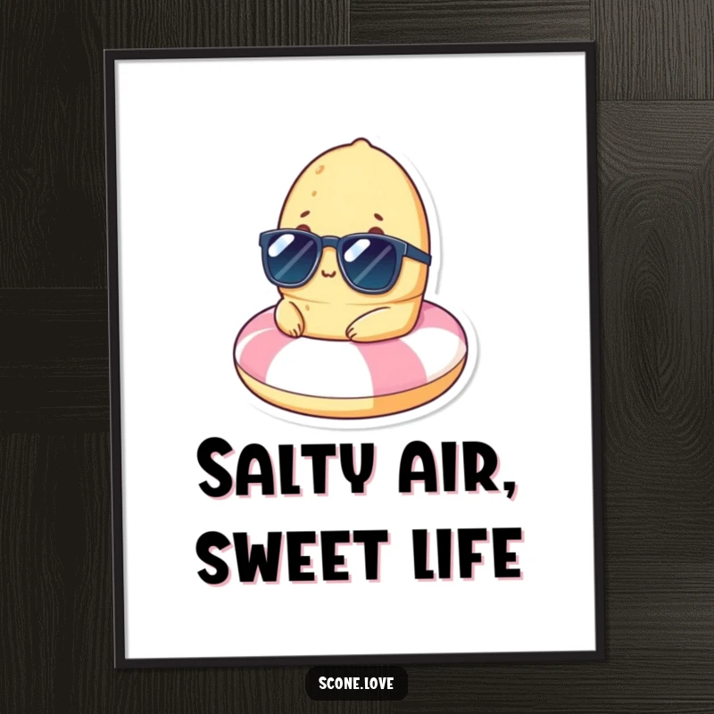 Funny scone wearing sunglasses, lounging on a tiny beach float, creating a humorous and relaxing piece of wall art.