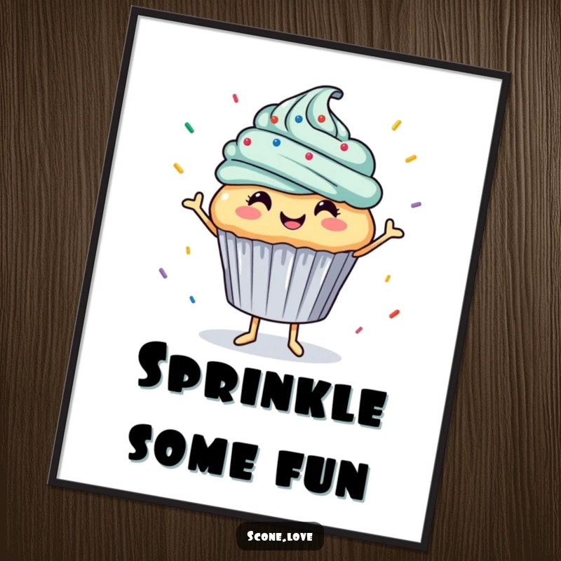 Funny poster print shows a smiling cupcake in a dance pose with sprinkles raining down, a vibrant and humorous piece of wall art.