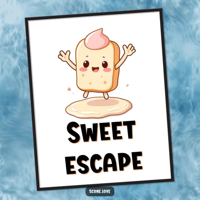 Funny Kawaii Scone Poster: a scone waves and leaps over a frosting puddle, perfect funny kitchen art.
