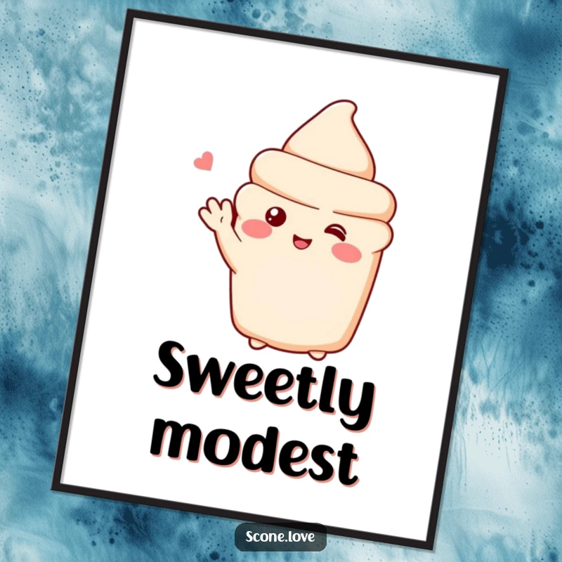 Funny poster art of a shy scone blushing and waving, creating a warm and inviting atmosphere.