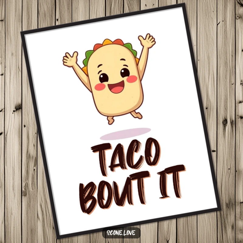 Funny Poster: A smiling taco in mid-air with arms raised, celebrating deliciousness and bringing a festive vibe to any room.