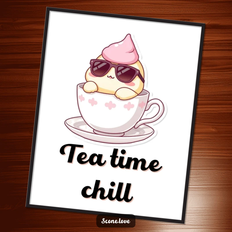 Funny poster art of a scone wearing sunglasses, lounging in a teacup, a humorous and stylish statement piece.