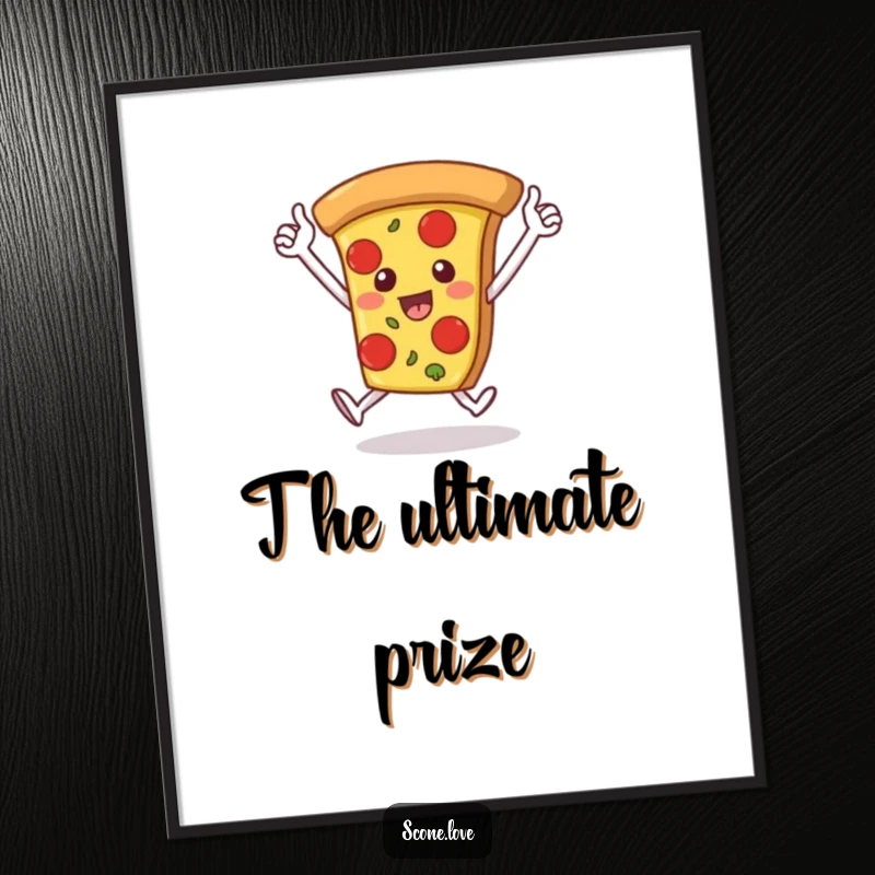 Funny poster print depicts a pizza slice with arms raised in triumph, running a victory lap, symbolizing a cheesy and humorous win.