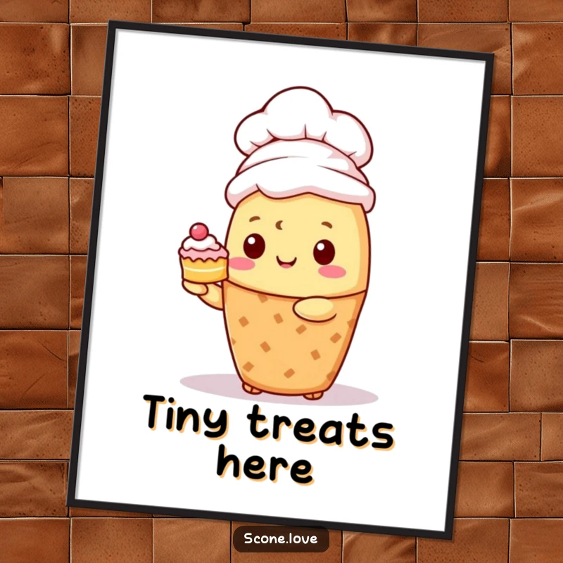 Funny Kawaii Scone Chef Poster: A scone in a chef hat proudly offers a small cake, adding culinary whimsy.