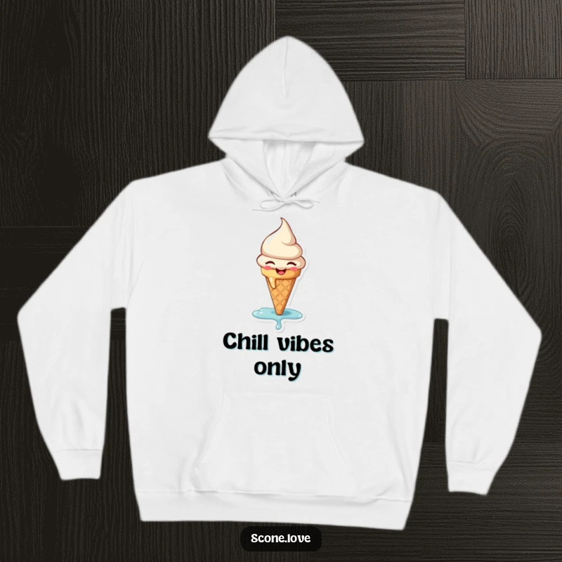 Funny hoodie featuring a happy ice cream cone melting slightly with pure joy, perfect for cozy wear and expressing sweet delight.