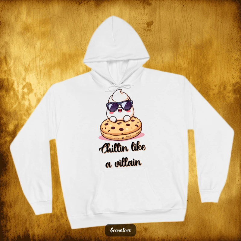Funny Kawaii Scone wearing sunglasses, relaxing on a giant cookie, printed on a warm and cozy hoodie.