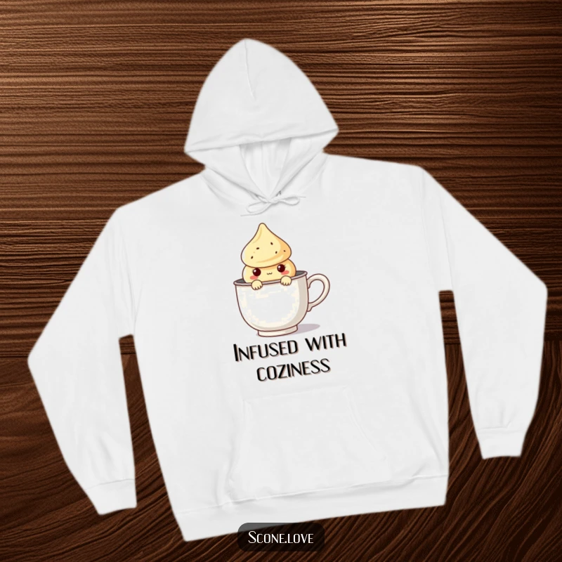 Funny Kawaii Scone Hoodie featuring a cute scone character peeking from a giant tea infuser, perfect for relaxing.