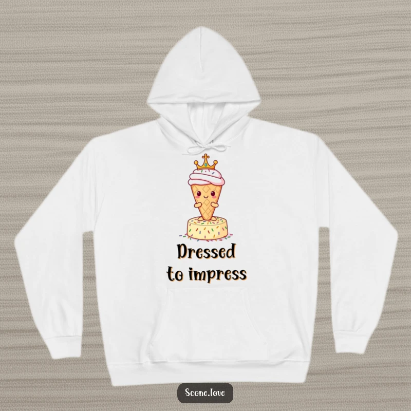 Funny Scone Hoodie: A robed scone wearing a crown stands proudly on sprinkles, printed on a comfy hoodie.