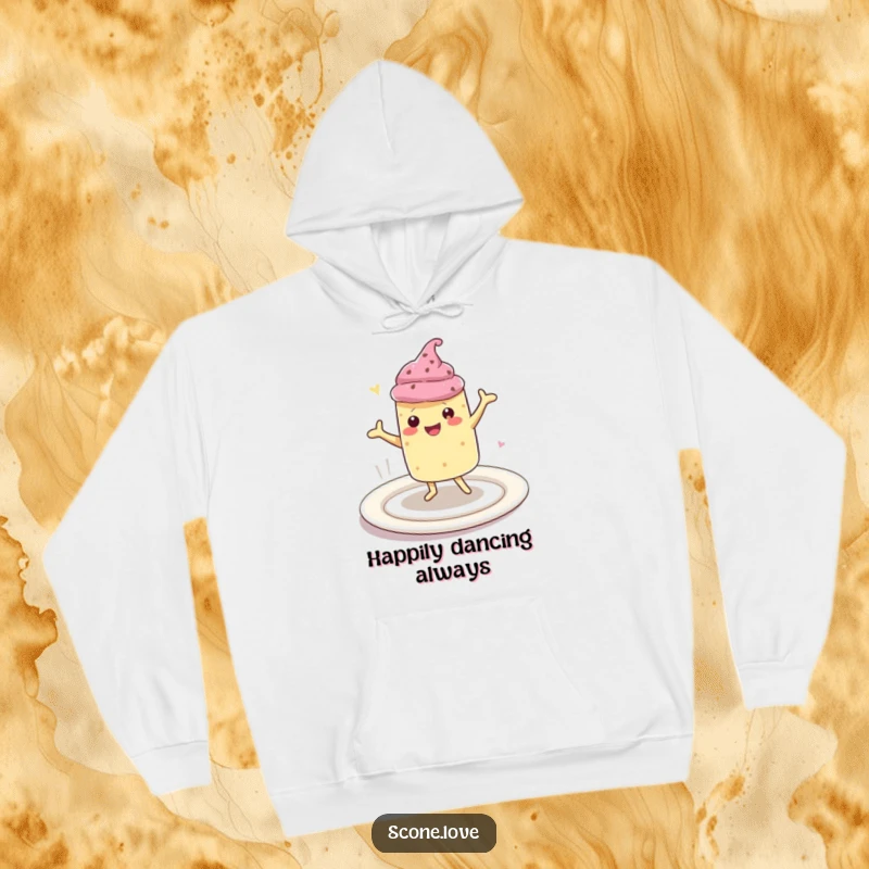 Funny hoodie with a kawaii scone character performing a cheerful happy dance on a large plate, offering cozy comfort and baked goods cheer.