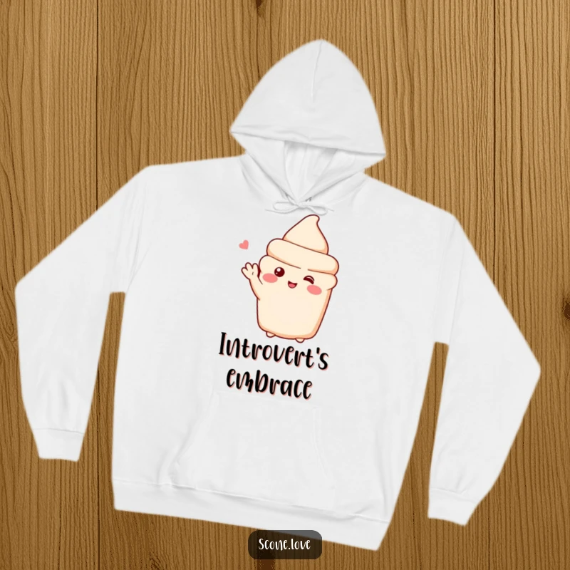 Funny hoodie with a shy scone character blushing and waving, offering cozy comfort and gentle smiles.