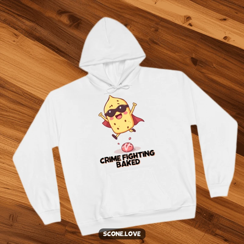 Funny hoodie featuring a dynamic superhero scone cape-flying over a candy, inspiring smiles and warmth.