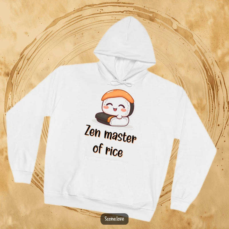 Funny sushi hoodie showcasing a delighted sushi roll performing its happy rolling action, great for winter gifts.