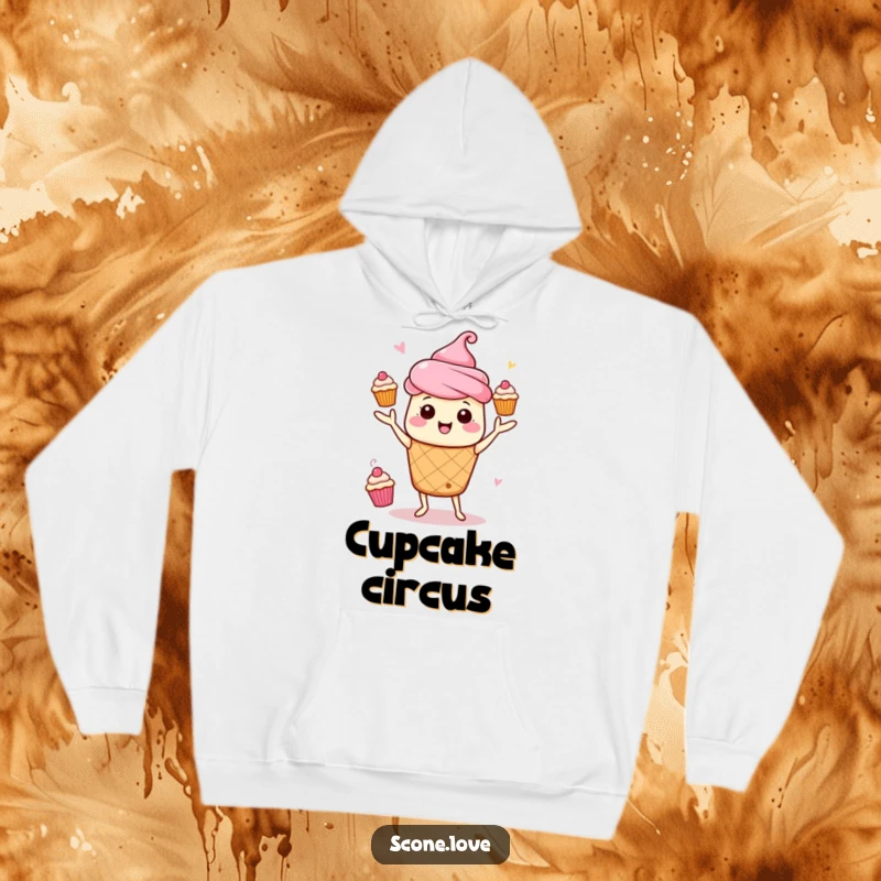 Funny Kawaii Scone Juggling Hoodie: A scone energetically juggles cupcakes, a symbol of fun and skill.