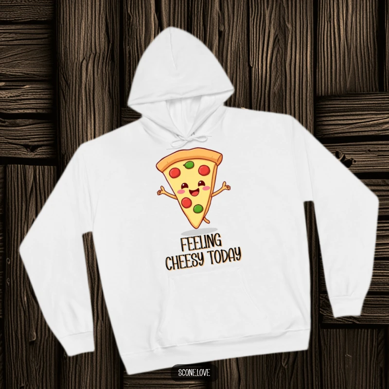 Funny hoodie with a smiling pizza slice doing a happy dance with its crust, offering warmth and cheesy humor.