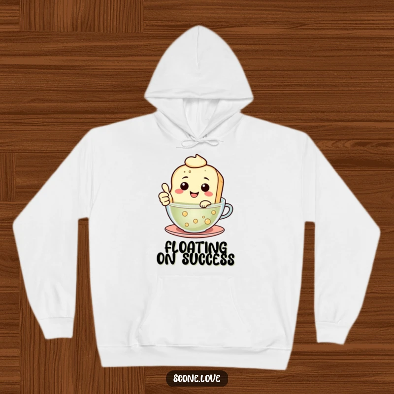 Funny Floating Scone Hoodie shows a smiling scone giving a thumbs up while relaxing in tea, bringing humorous comfort.