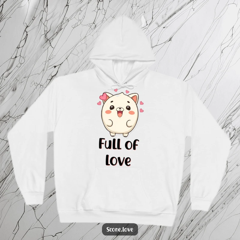 Funny Beaming Scone Hoodie: A scone character beams with hearts floating around, offering humorous warmth and affection.