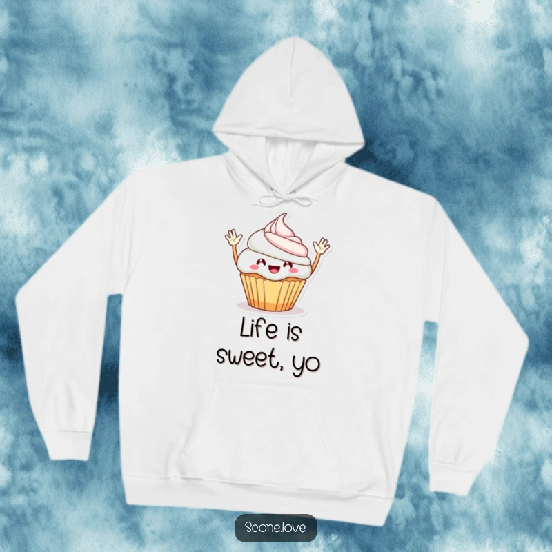 Funny Hoodie: A happy cupcake with small arms waving energetically, offering comfort, warmth, and a sprinkle of joy.