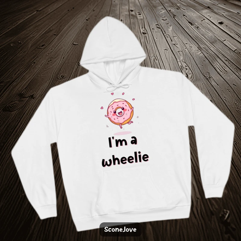 Funny hoodie features a happy donut performing a cartwheel with frosting dramatically flying, a warm and humorous garment for playful spirits.