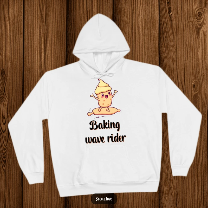 Funny Kawaii Scone Hoodie: a scone excitedly surfs on a rolling pin, a funny surfer's gift.