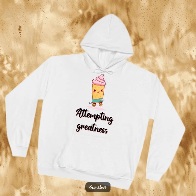 Funny Roller Skate Scone Hoodie shows a scone wearing one roller skate, poised to attempt a trick, bringing humorous action.