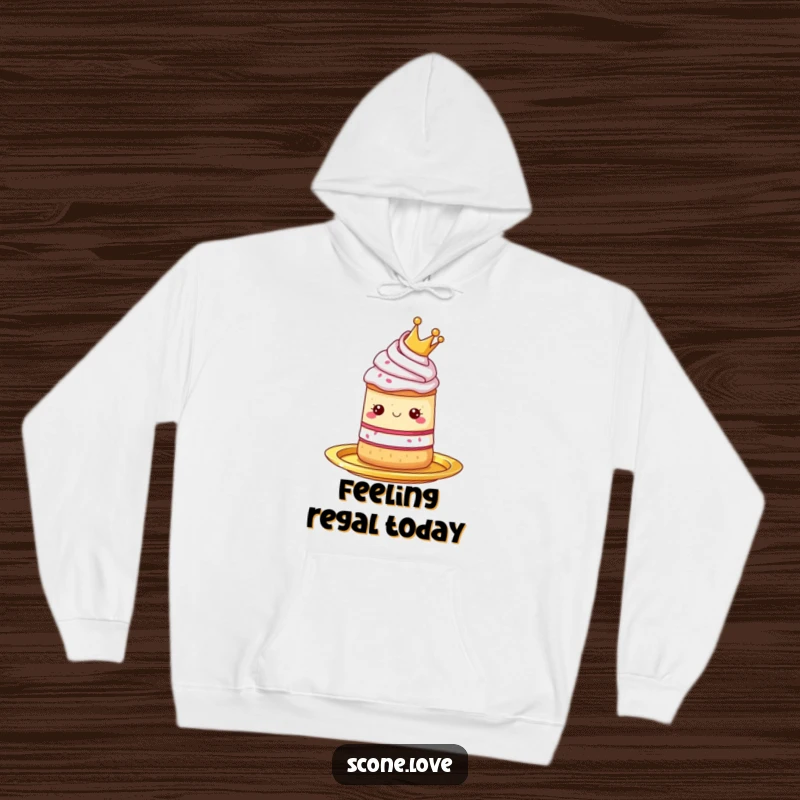 Funny hoodie with a scone wearing a small crown, displayed grandly on a golden platter, exuding elegance.