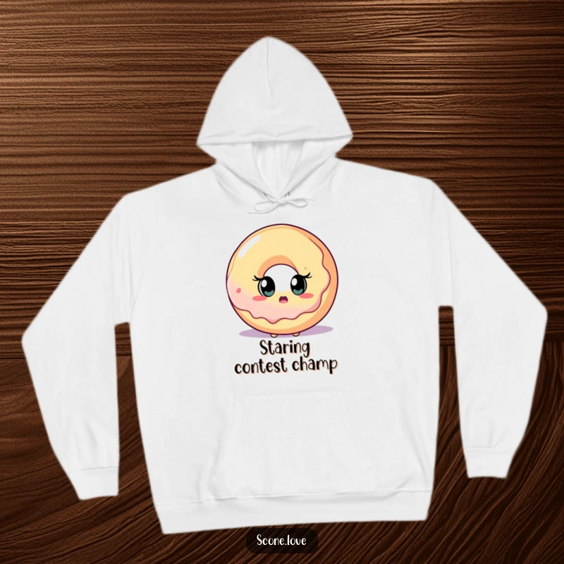 Hoodie featuring a funny scone with wide eyes staring at a massive donut, capturing a moment of sweet shock.
