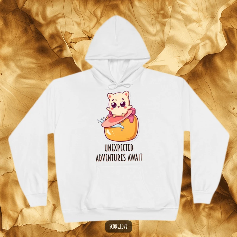 Funny scone character with wide eyes surfs a giant jam jar, a hilarious and cozy design on this hoodie.