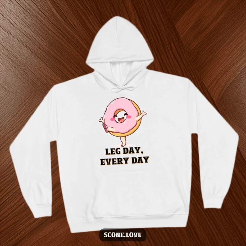 Funny hoodie featuring a beaming donut in mid-air kick, legs extended happily, embodying playful energy and cozy comfort.