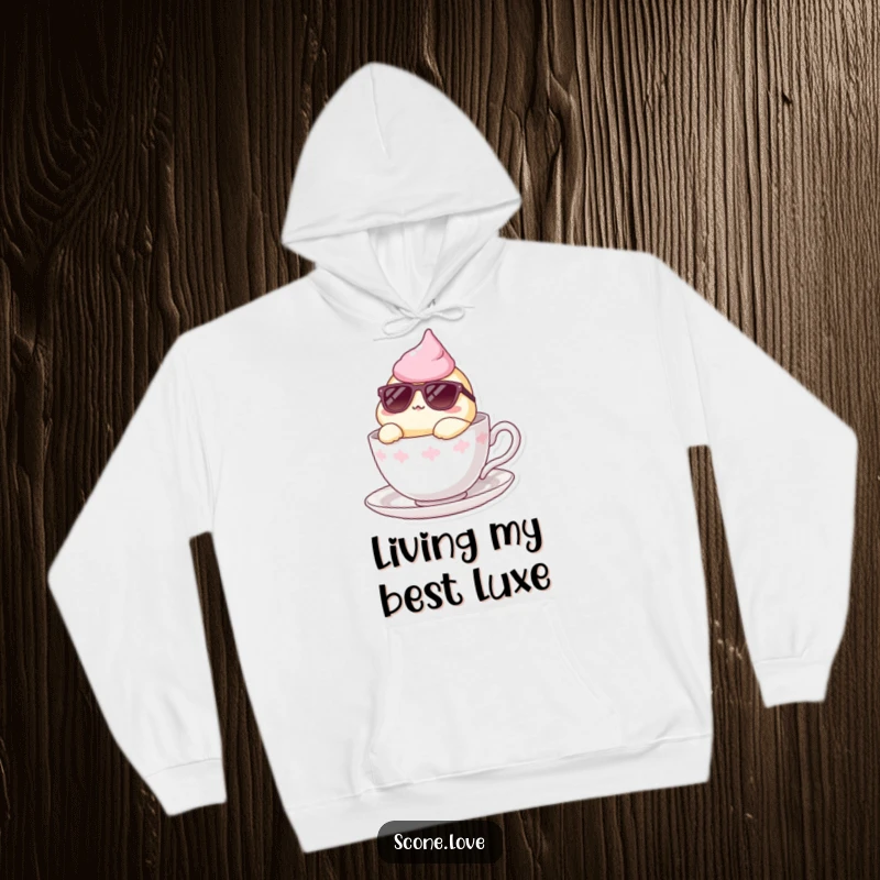 Funny hoodie depicting a scone in sunglasses lounging in a teacup, embodying cool and relaxed comfort.