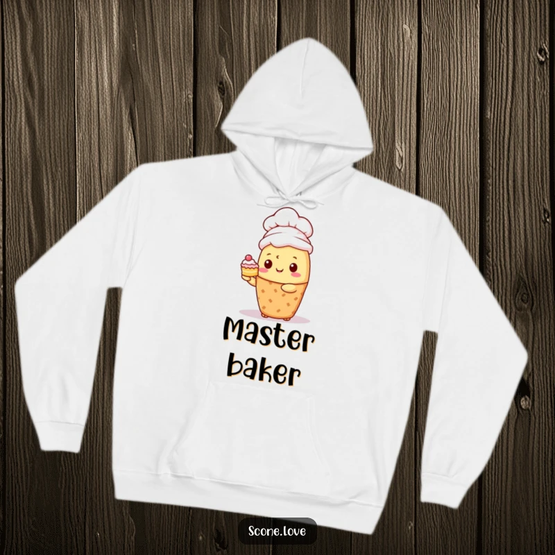 Funny Kawaii Scone Chef Hoodie: A cute scone sporting a chef hat, holding a tiny cake with pride.