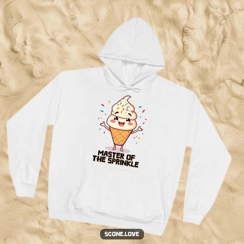 Funny hoodie depicting a beaming scone character performing a delightful juggling act with colorful sprinkles.