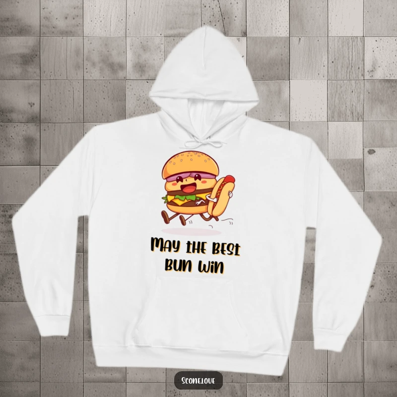 Funny hoodie illustration of a hamburger athlete narrowly beating a hot dog in a hilarious food race, perfect for casual wear.