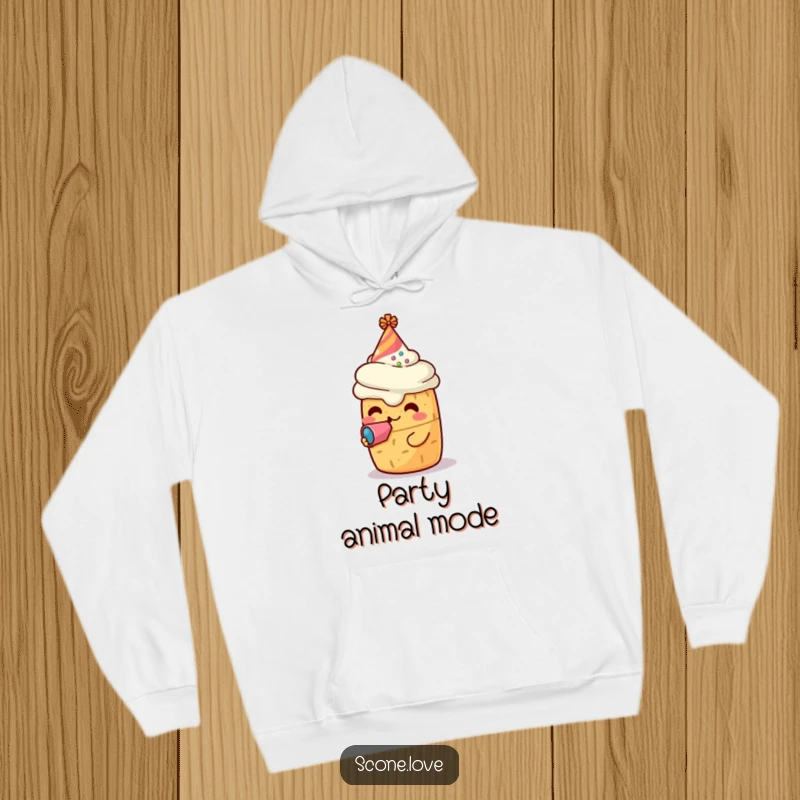 Funny hoodie with a kawaii scone character wearing a party hat and blowing a noisemaker, offering cozy comfort and festive baked goods cheer.