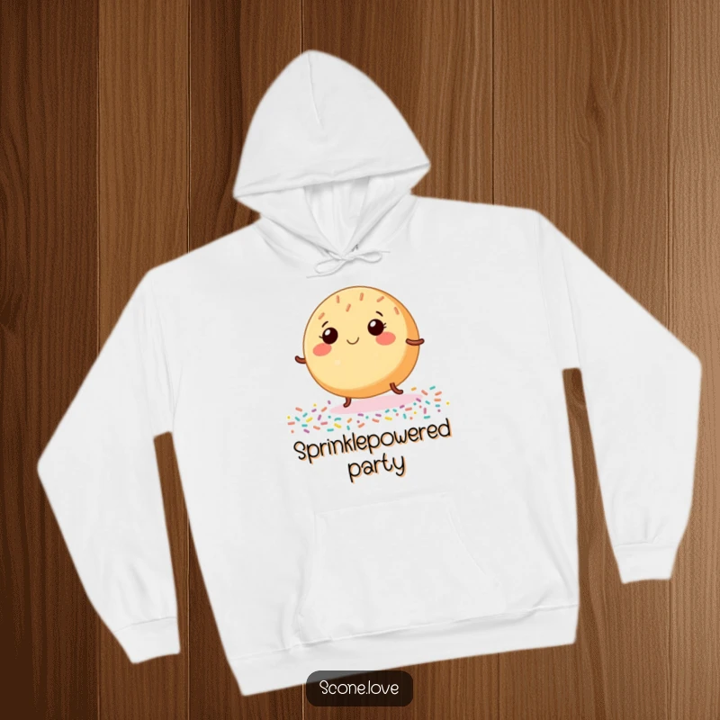 Funny Donut Hoodie, depicting a smiling baked good dancing with tiny legs on a sprinkle-covered surface, offering warmth and sweet celebration.