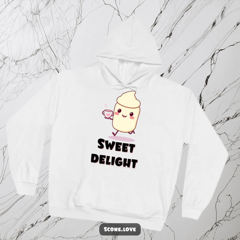 Funny Kawaii Scone Hoodie: an ecstatic scone character skips while holding a teacup, perfect funny gift.