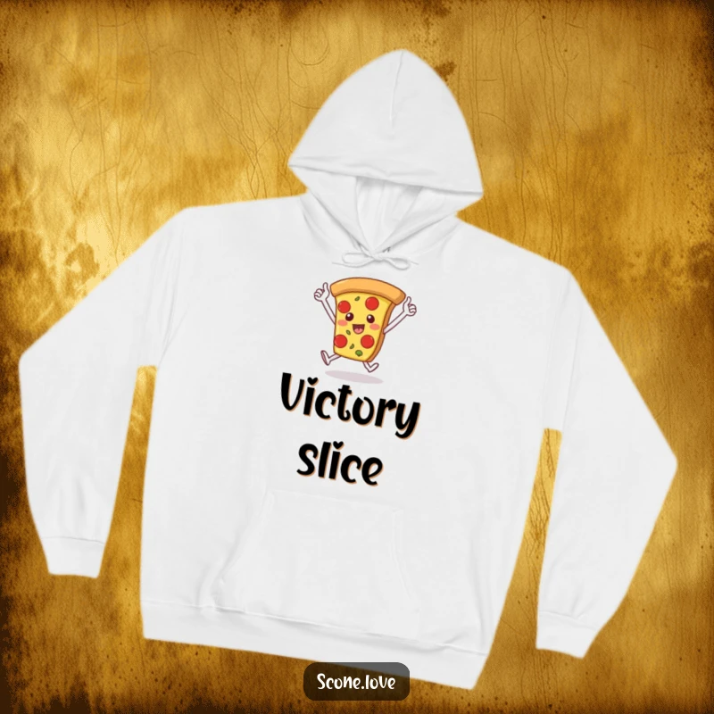 Funny hoodie features a pizza slice running a victory lap with its arms up, a humorous and comforting garment for celebrating wins.