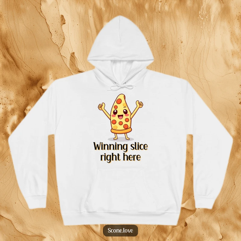 Funny pizza hoodie featuring a triumphant cheesy slice, perfect for staying warm and celebrating all things pizza.