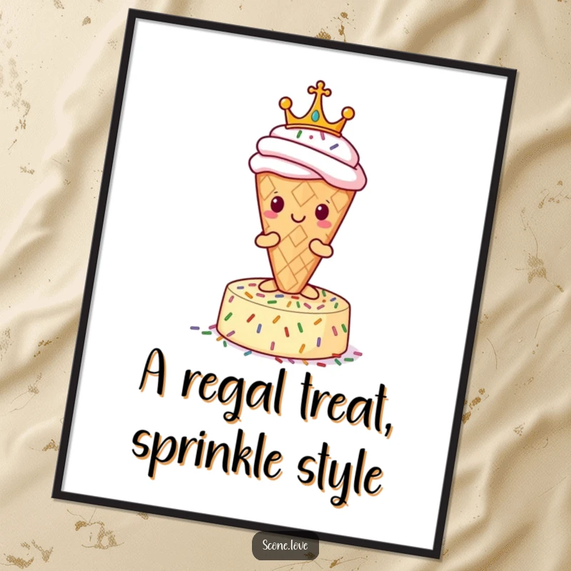 Funny Free Printable Royal Scone Wall Art: A scone wearing a golden crown sits majestically on colorful sprinkles.