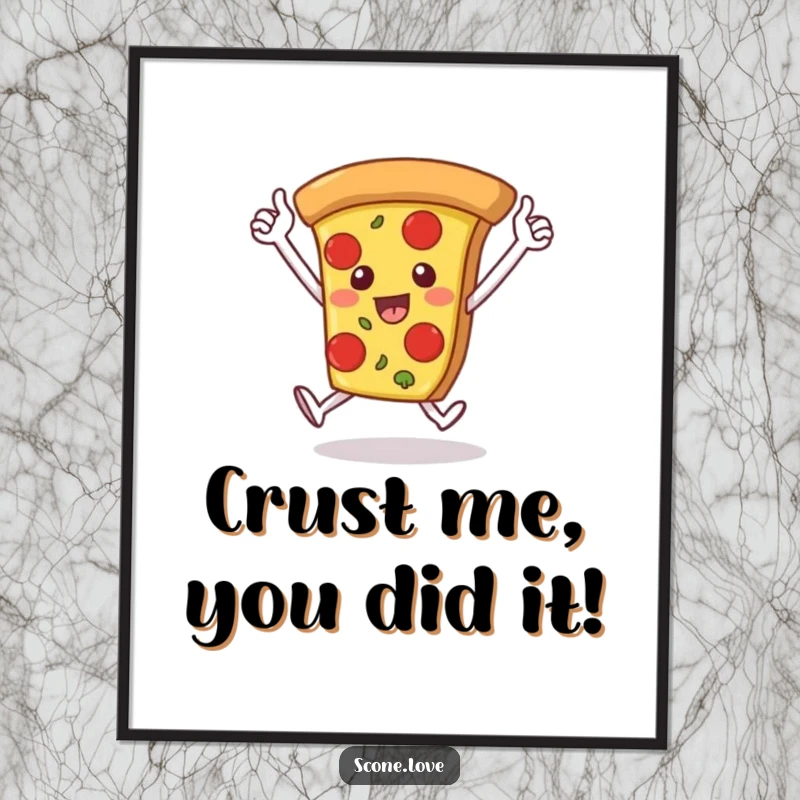 Funny Free Printable Wall Art: A pizza slice with arms joyfully completes a victory lap, showcasing achievement. Quirky downloadable art.
