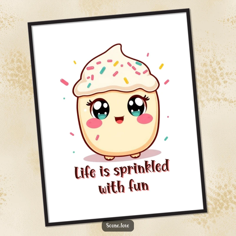 Funny Free Printable Wall Art: Whimsical kawaii scone with expressive eyes catching a flurry of colorful sprinkles.