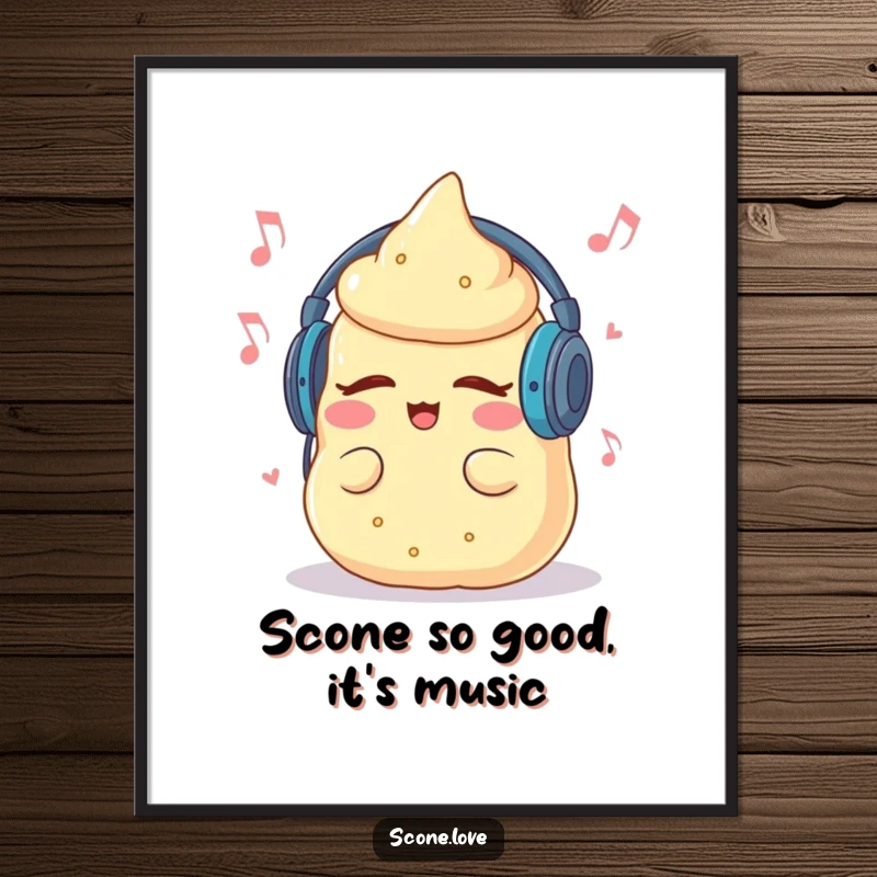 Funny Free Printable Music Scone wall art, a scone wearing headphones, eyes closed, enjoying the music.