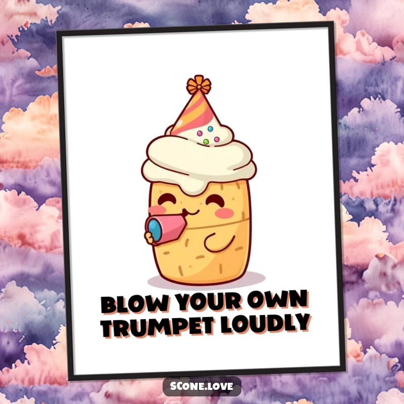 Funny Free Printable Wall Art: Kawaii scone wearing a party hat, blowing a loud, celebratory noisemaker with joy.
